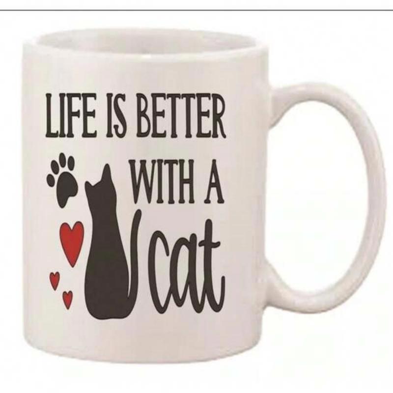 Tailorly White Ceramic 11 oz Mug - Life Is Better With A Cat Elegant Black Silhouette Among Little Red Hearts And Paw Cat