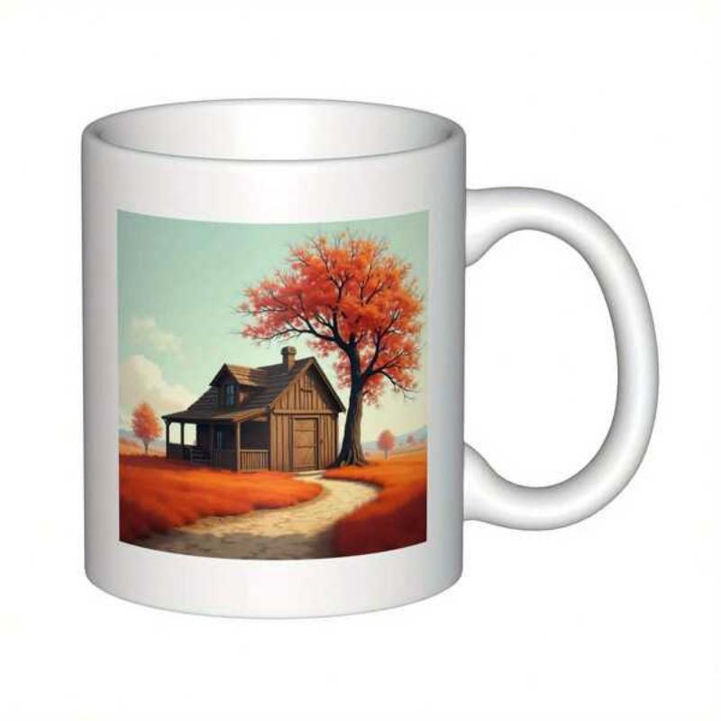 Tailorly White Ceramic 11 oz Mug - Rustic Wooden Cabin Surrounded By Vibrant Red Autumn Foliage Under Clear Sky House