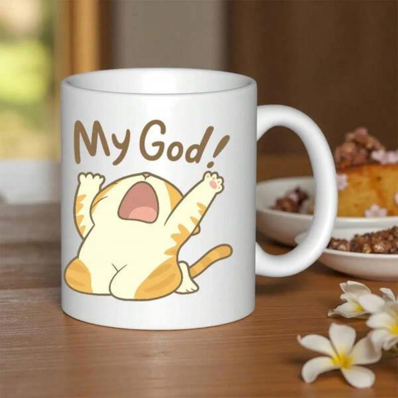 Tailorly White Ceramic 11 oz Mug - My God Adorable Ginger Tabby Stretching Arms Wide On White Surface Cat