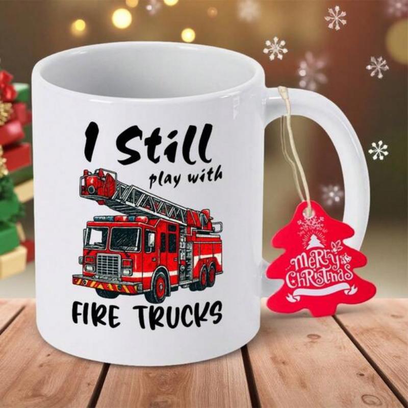 Tailorly White Ceramic 11 oz Mug - I Still Play With Fire Trucks Merry Christmas Detailed Red Emergency Vehicle With Extended Ladder Parked On White Fire Truck