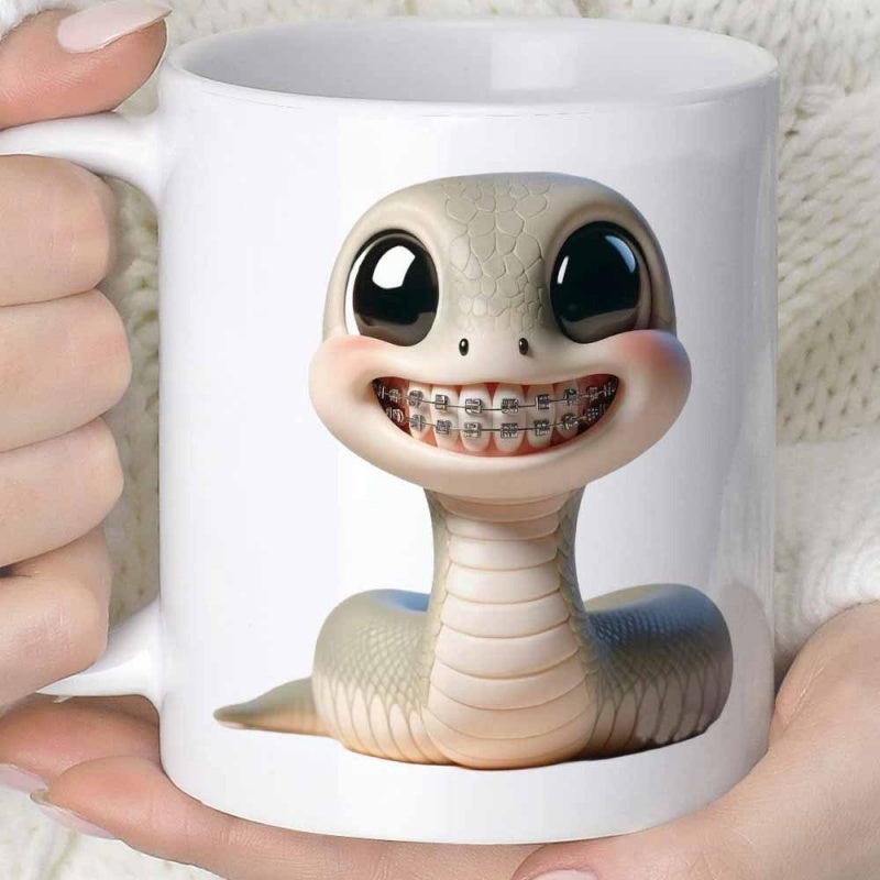 Tailorly White Ceramic 11 oz Mug - Adorable Cartoon Reptile With Dental Braces And Large Expressive Eyes Snake