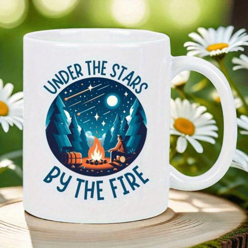 Tailorly White Ceramic 11 oz Mug - Under The Stars By The Fire Glowing Campfire Beneath Starry Night Sky Surrounded By Deep Forest Silhouette Camping Scene