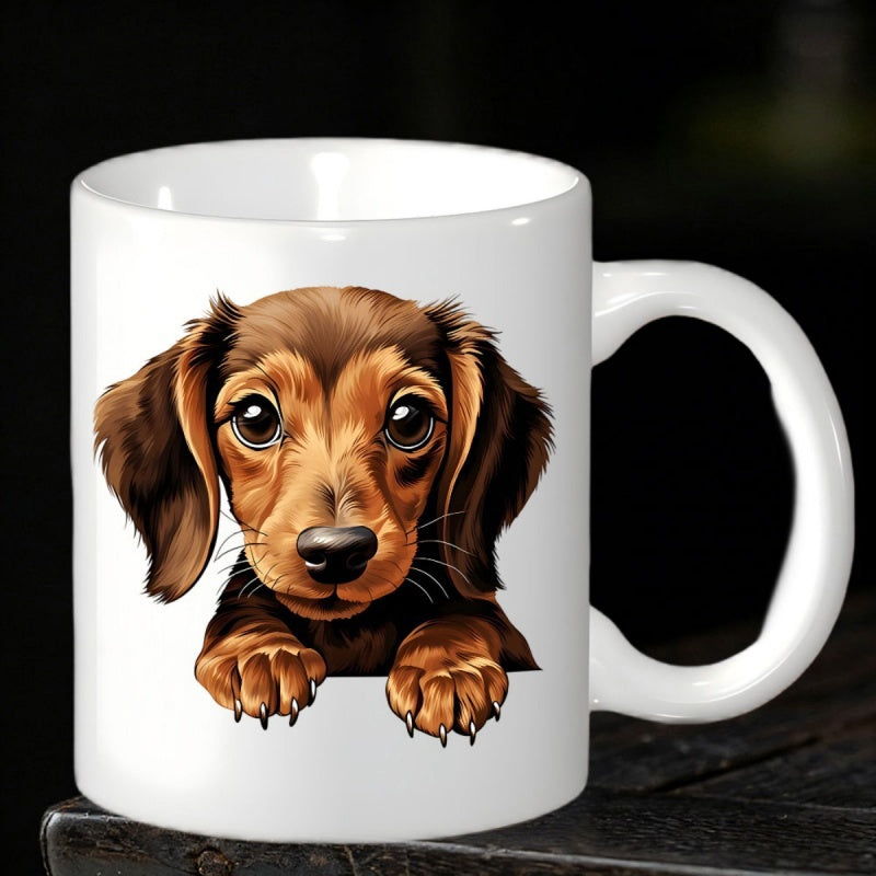 Tailorly White Ceramic 11 oz Mug - Adorable Peeking Brown Puppy With Expressive Eyes And Small Paws Dachshund