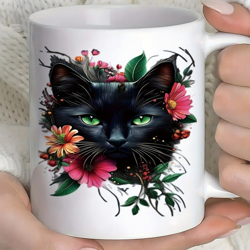 Tailorly White Ceramic 11 oz Mug - Realistic Black Feline Surrounded By Vibrant Blossoming Floral Garden Petals Cat