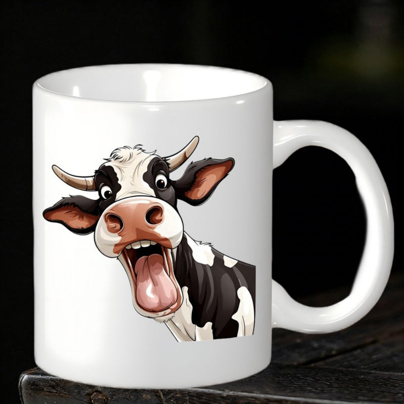 Tailorly White Ceramic 11 oz Mug - Funny Silly Spotted Farm Animal With Wide Open Mouth Cow