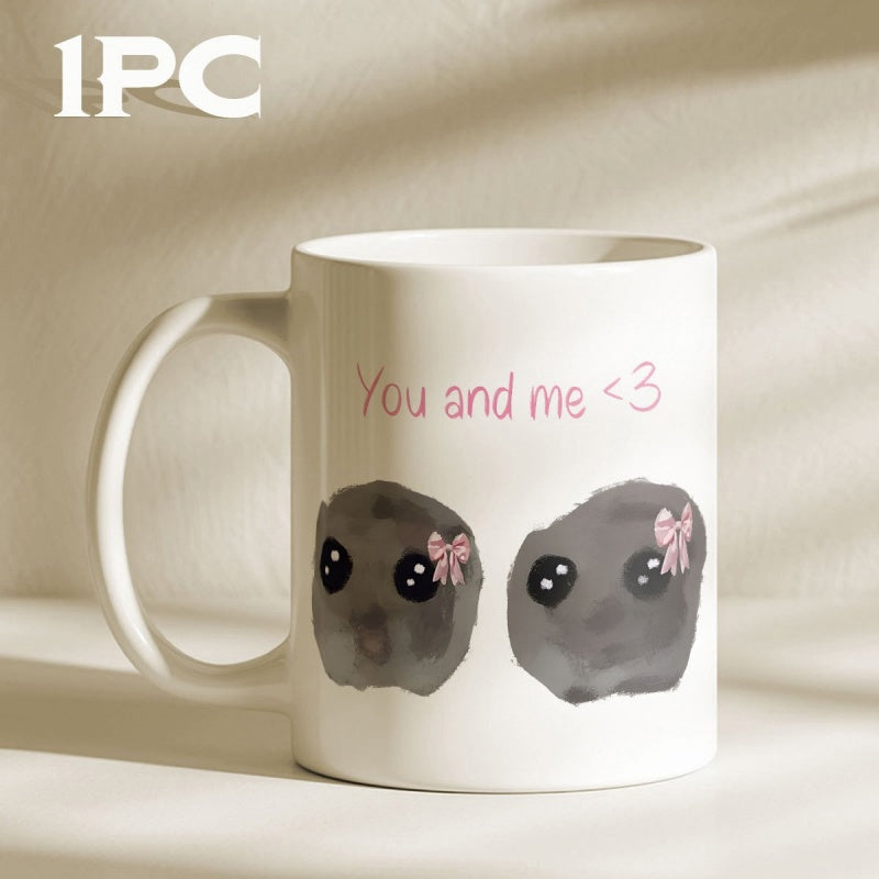 Tailorly White Ceramic 11 oz Mug - You And Me Two Adorable Watercolor Textured Grey Round Creatures Wearing Delicate Pink Bows Creature