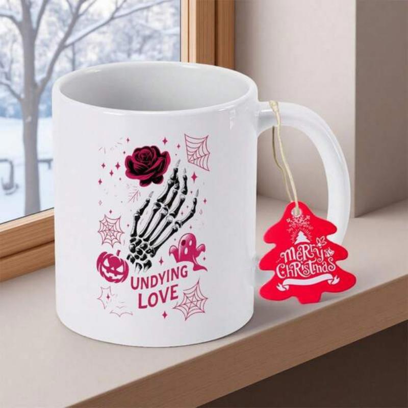 Tailorly White Ceramic 11 oz Mug - Undying Love Gothic Hand Reaching For Dark Rose Among Eerie Halloween Webs Skeleton