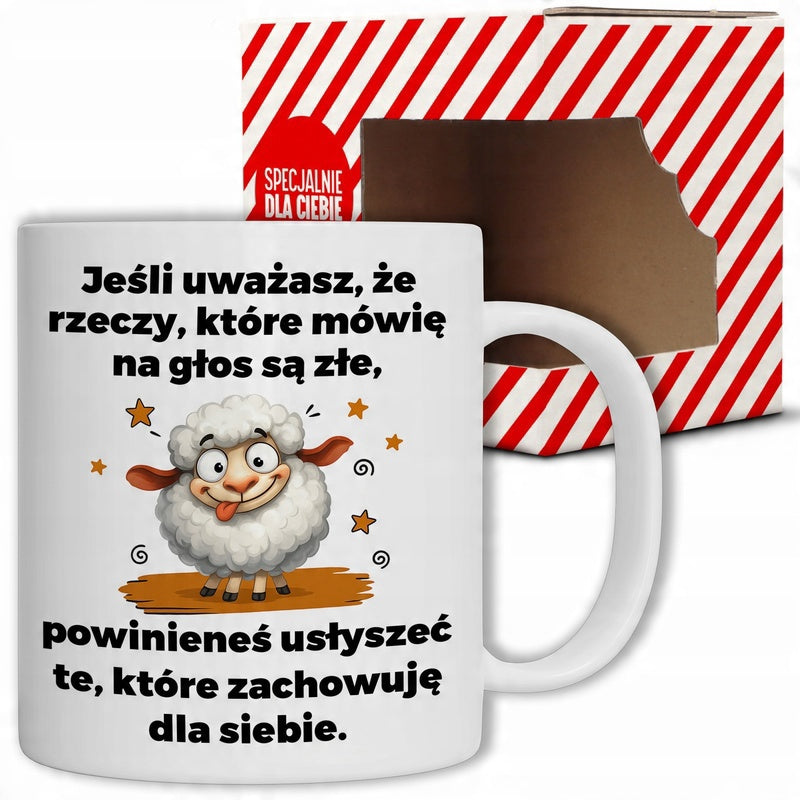 Tailorly White Ceramic 11 oz Mug - Adorable Fluffy White Cartoon Animal Standing Among Tiny Golden Stars Sheep