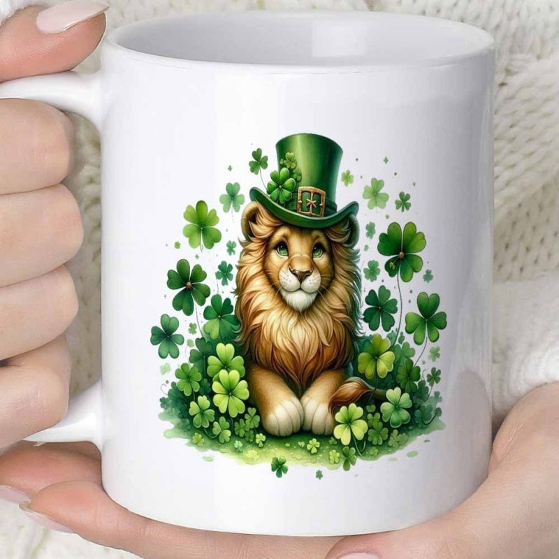 Tailorly White Ceramic 11 oz Mug - Majestic Mane Wearing Festive Green Leprechaun Hat Among Lucky Green Shamrocks Lion