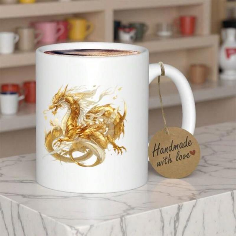 Tailorly White Ceramic 11 oz Mug - Golden Coiling Fantasy Beast With Shimmering Scales And Mythical Presence Dragon
