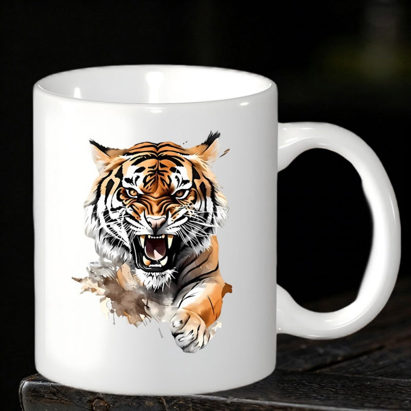 Tailorly White Ceramic 11 oz Mug - Fierce Roaring Wild Animal Head With Detailed Fur And Artistic Watercolor Splashes Tiger