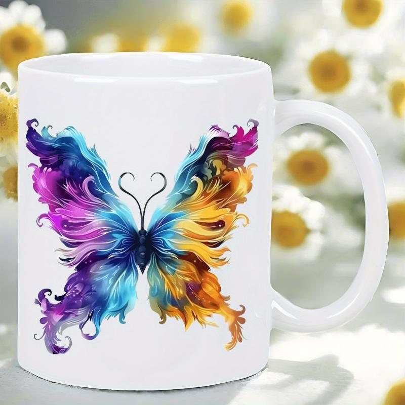 Tailorly White Ceramic 11 oz Mug - Vibrant Colorful Abstract Wings With Heart Shaped Antennae Flying In Soft Sunlight Butterfly