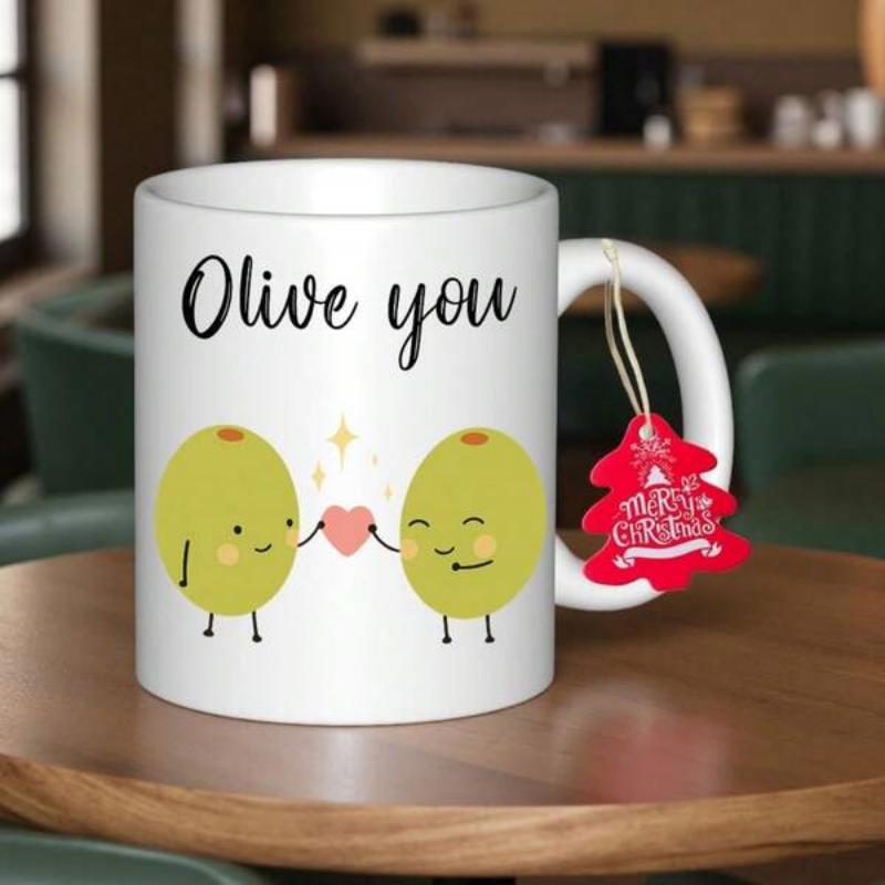 Tailorly White Ceramic 11 oz Mug - Olive You Two Cute Cartoon Green Olives Holding A Pink Glowing Heart Olive