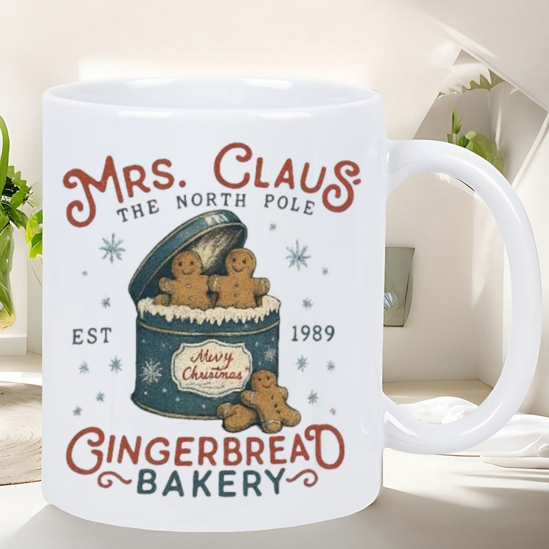 Tailorly White Ceramic 11 oz Mug - Mrs Claus The North Pole Est 1989 Gingerbread Bakery Merry Christmas Three Smiling Festive Cookies Peeking Out From A Blue
