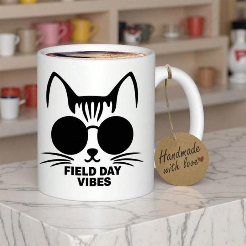 Tailorly White Ceramic 11 oz Mug - Field Day Vibes Stylish Minimalist Sketch Of A Cool Cat Wearing Sunglasses Cat