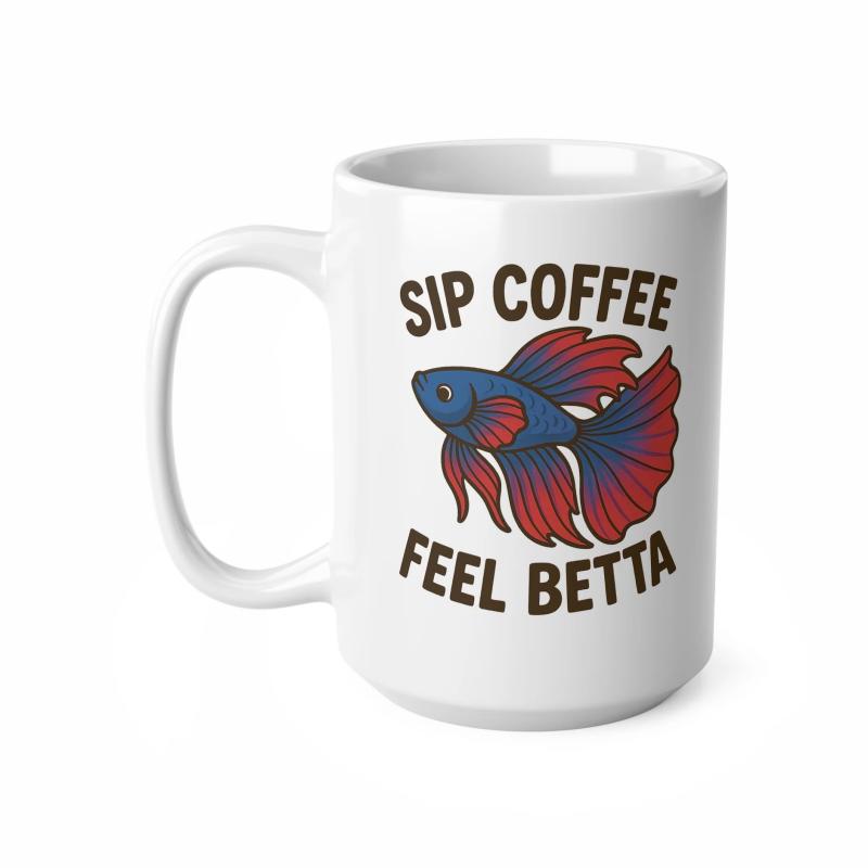 Tailorly White Ceramic 11 oz Mug - Sip Coffee Feel Betta Vibrant Blue And Red Siamese Fighting Fish Swimming Gracefully With Flowing Fins Betta