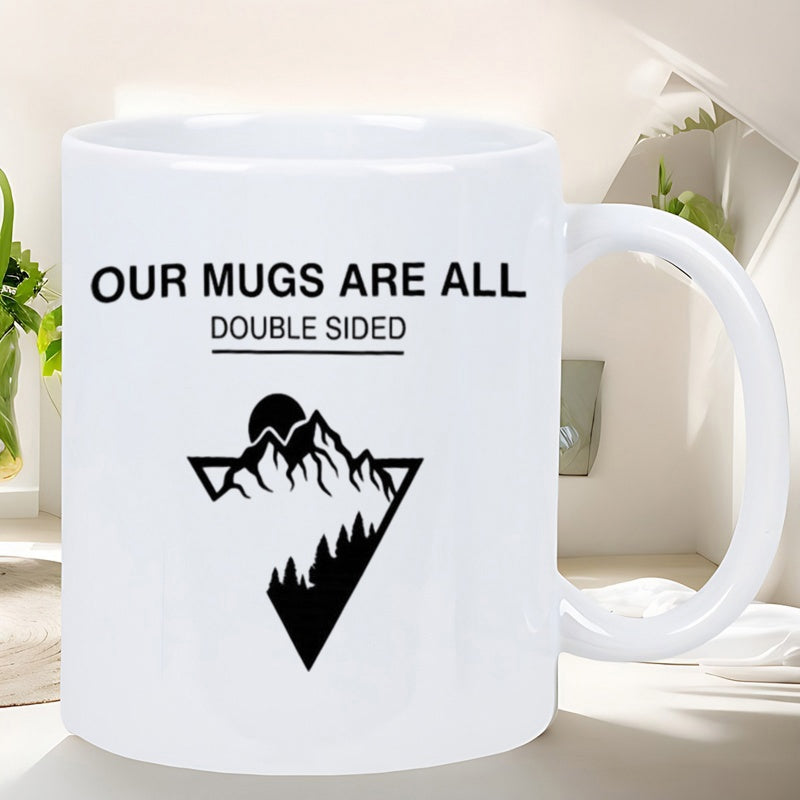 Tailorly White Ceramic 11 oz Mug - Our Mugs Are All Double Sided Geometric Triangle Enclosing A Minimalist Forest Under Jagged Peaks Mountain