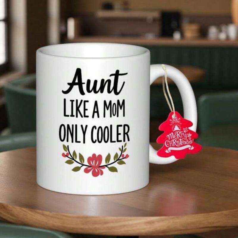 Tailorly White Ceramic 11 oz Mug - Aunt Like A Mom Only Cooler Blossoming Floral Branches With Vibrant Red Flowers And Green Leaves Wreath