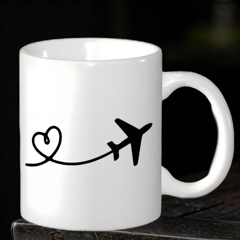 Tailorly White Ceramic 11 oz Mug - Minimalist Black Line Design Flying Along Curved Heart Shaped Path Airplane
