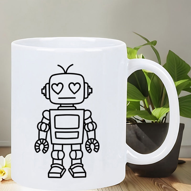 Tailorly White Ceramic 11 oz Mug - Minimalist Line Art Retro Style With Cute Heart Eyes Robot