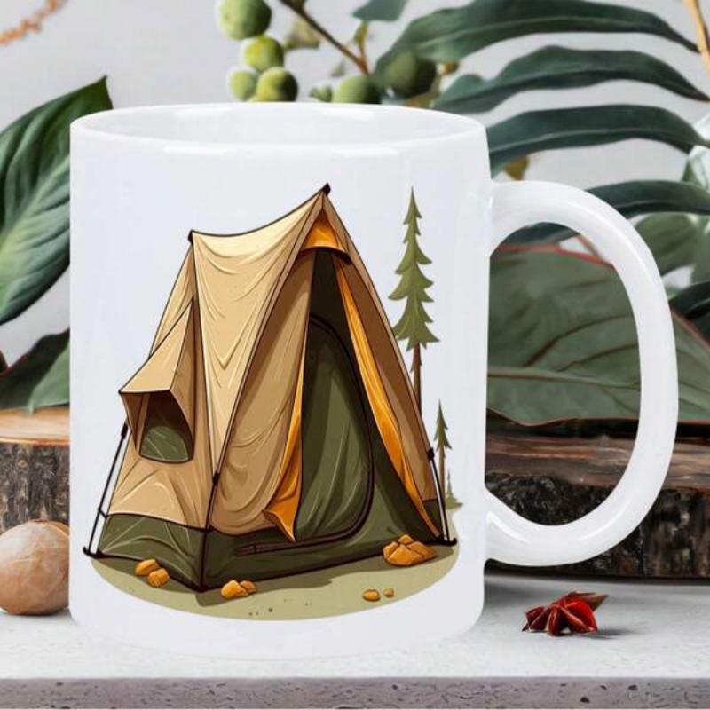 Tailorly White Ceramic 11 oz Mug - Classic Outdoor Camping Scene Under Pine Tree In Wilderness Setting Tent