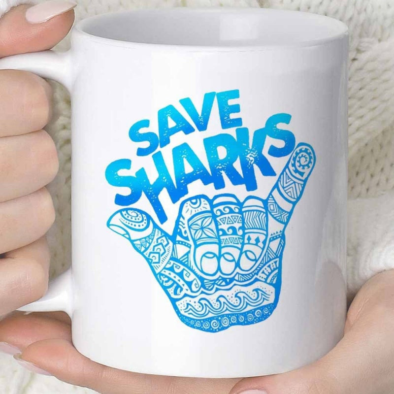 Tailorly White Ceramic 11 oz Mug - Save Sharks Ornate Blue Tribal Patterns Featuring Ocean Waves Inside Shaka Hand