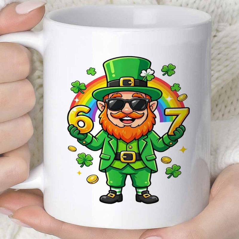 Tailorly White Ceramic 11 oz Mug - 67 Cartoon Character In Green Suit With Rainbow And Lucky Shamrocks Leprechaun