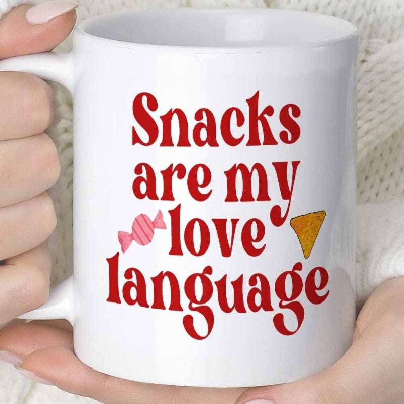 Tailorly White Ceramic 11 oz Mug - Snacks Are My Love Language Vibrant Red Script With Small Candy And Chip Mug