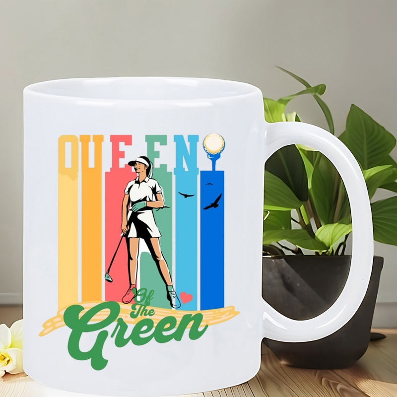 Tailorly White Ceramic 11 oz Mug - Queen Of The Green Silhouette Golfer Standing Amidst Colorful Retro Stripes And Birds Golfer