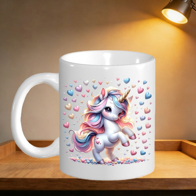 Tailorly White Ceramic 11 oz Mug - Adorable Magical Creature Surrounded By Colorful Pastel Hearts In Soft Lighting Unicorn