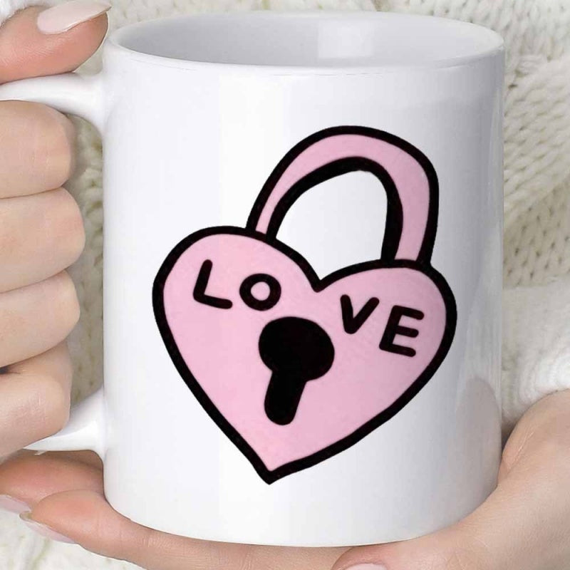 Tailorly White Ceramic 11 oz Mug - Love Hand Drawn Style Pink Heart Shape Featuring Bold Black Outline Romantic Symbols Padlock