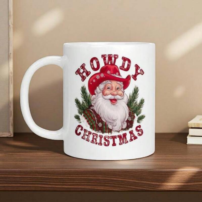 Tailorly White Ceramic 11 oz Mug - Howdy Christmas Festive Smiling Cowboy Wearing Red Hat Among Evergreen Pine Branches Santa