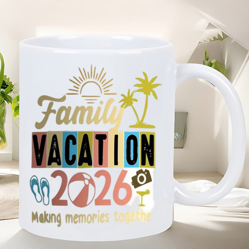 Tailorly White Ceramic 11 oz Mug - Family Vacation 2026 Making Memories Together Radiant Sun Rising Above Tropical Palm Trees And Beach Symbols Scene