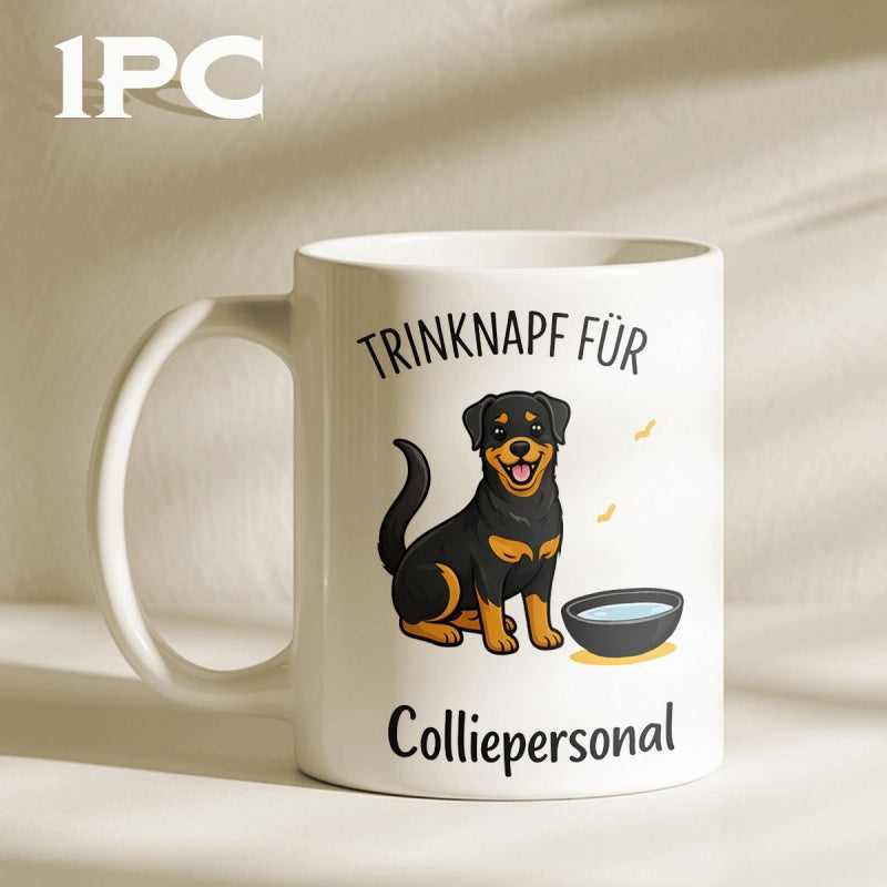 Tailorly White Ceramic 11 oz Mug - Happy Little Black And Tan Rottweiler Sitting Beside Water Bowl Dog