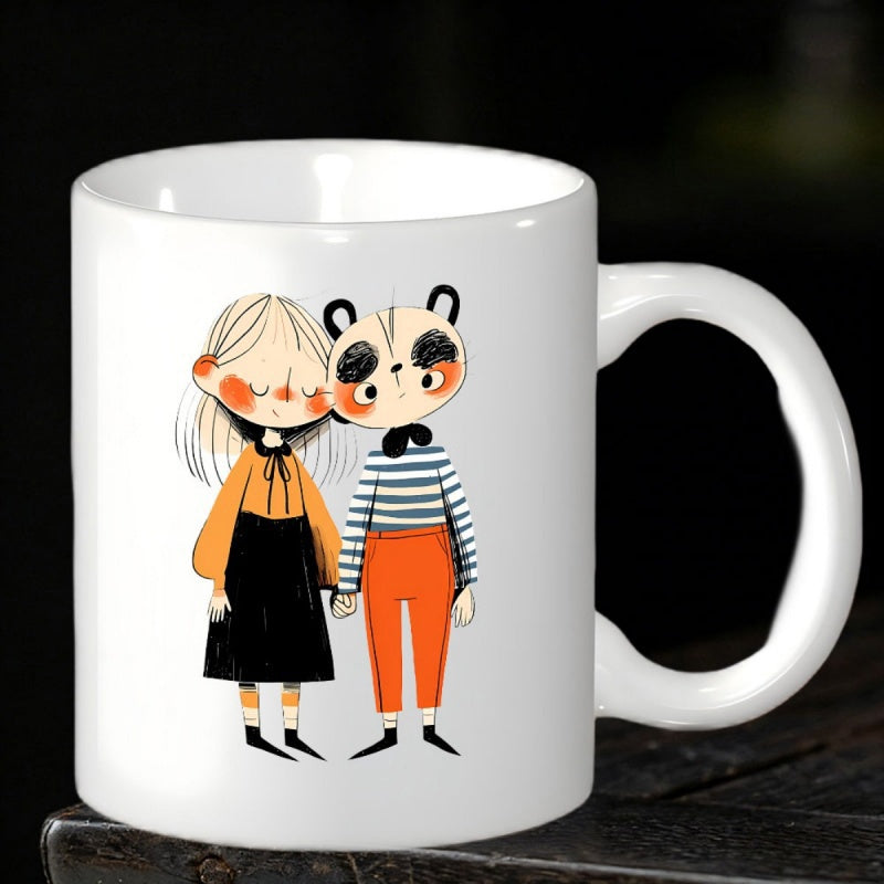 Tailorly White Ceramic 11 oz Mug - Cute Cartoon Girl And Panda Character Holding Hands In Minimalist Style Illustrations
