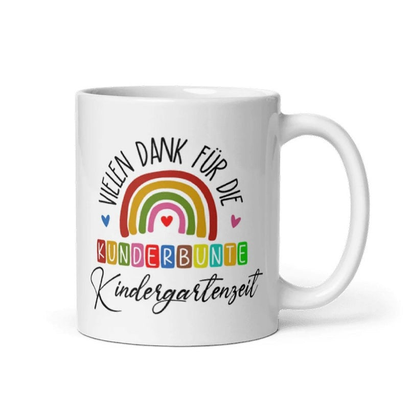 Tailorly White Ceramic 11 oz Mug - Vibrant Multi Color Layered Arch Surrounded By Delicate Little Heart Accents Rainbow