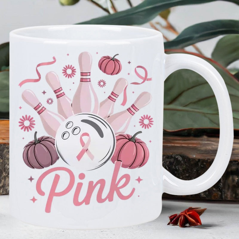 Tailorly White Ceramic 11 oz Mug - Pink Festive Pink Bowling Pins Among Pumpkins And Awareness Ribbon Floral Graphics Bowling