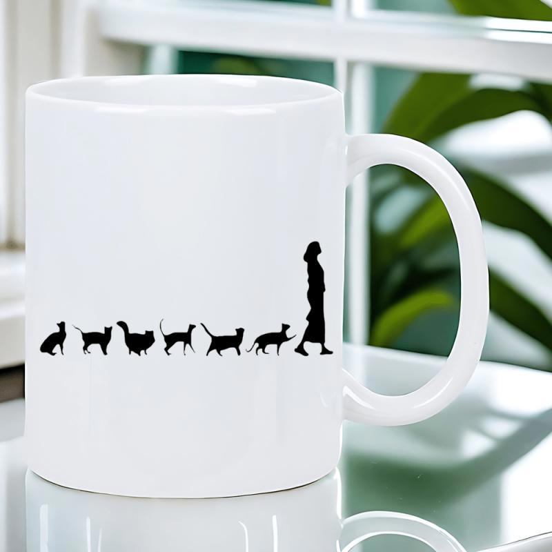 Tailorly White Ceramic 11 oz Mug - Graceful Silhouette Walking With A Line Of Loyal And Playful Cat