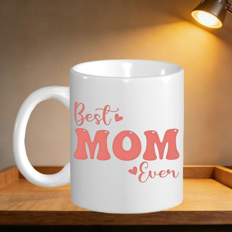 Tailorly White Ceramic 11 oz Mug - Best Mom Ever Bold Playful Bubble Letters With Small Pink Hearts Mug