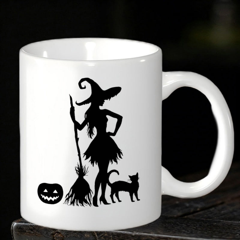 Tailorly White Ceramic 11 oz Mug - Mysterious Silhouette Standing Beside Black Cat Under Magic Moonlight Halloween Witch