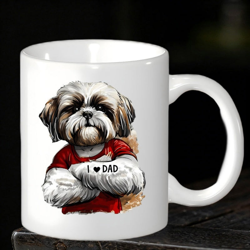 Tailorly White Ceramic 11 oz Mug - I Love Dad Realistic Fluffy Shih Tzu Wearing Red Shirt Crossing Paws Proudly Dog