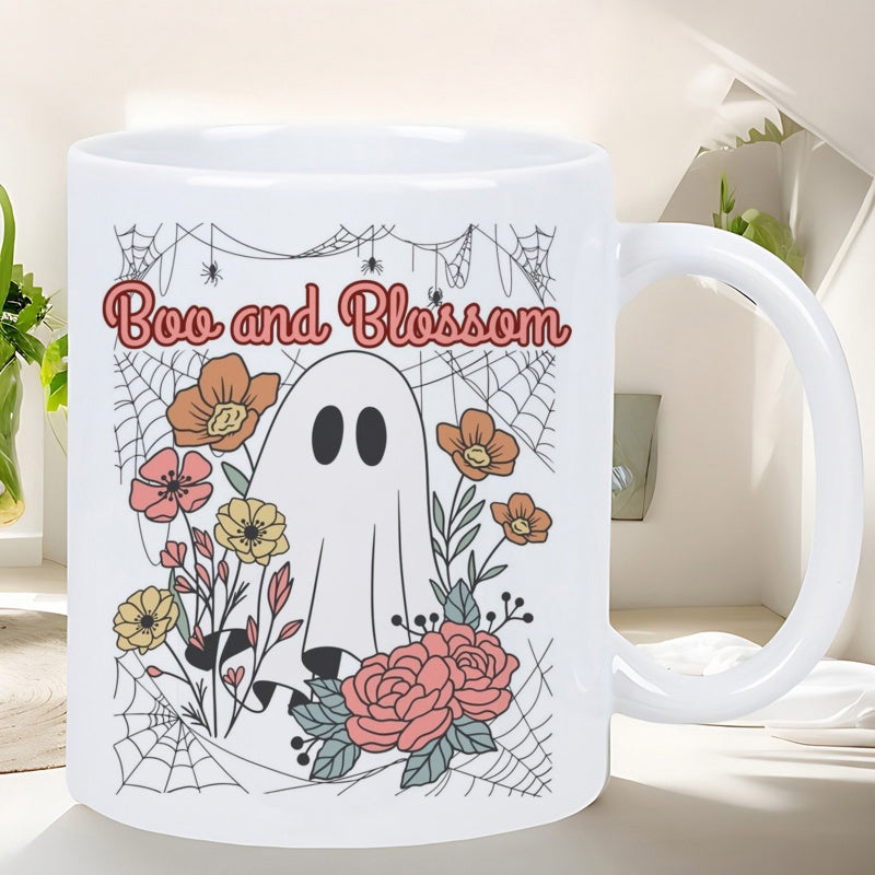 Tailorly White Ceramic 11 oz Mug - Boo And Blossom Vintage Style Halloween Illustration Of Cute Sheet Surrounded By Wildflower Ghost