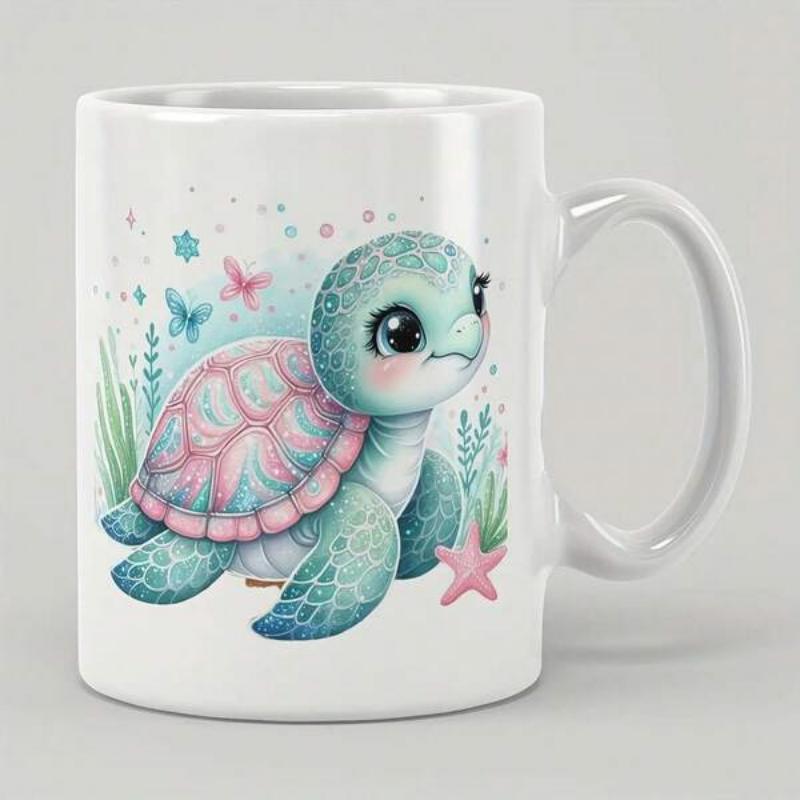 Tailorly White Ceramic 11 oz Mug - Adorable Cute Baby Sea Creature Swimming With Pink Bubbles Turtle