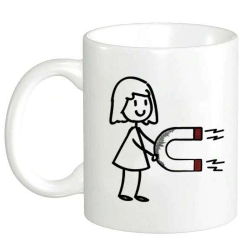 Tailorly White Ceramic 11 oz Mug - Simple Hand Drawn Minimalist Stick Figure Character Holding Large Horseshoe Magnet Girl