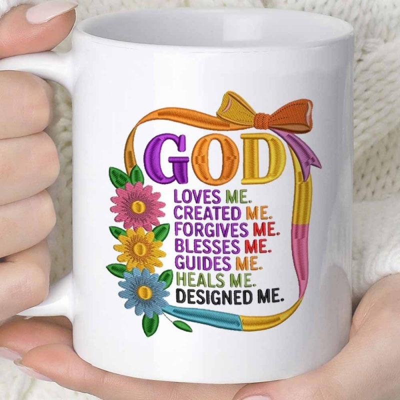 Tailorly White Ceramic 11 oz Mug - God Loves Me Created Me Forgives Me Blesses Me Guides Me Heals Me Designed Me Vibrant Ribbon Frame With Colorful Blossoming