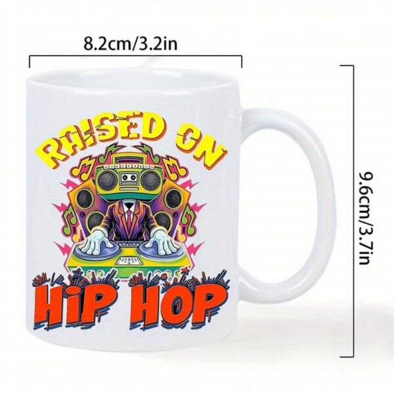 Tailorly White Ceramic 11 oz Mug - Raised On Hip Hop Retro Colorful Boombox And Large Speakers Around A Stylized Turntable DJ