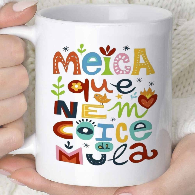 Tailorly White Ceramic 11 oz Mug - Vibrant Hand Drawn Folk Art Elements Including Heart And Bird Pattern
