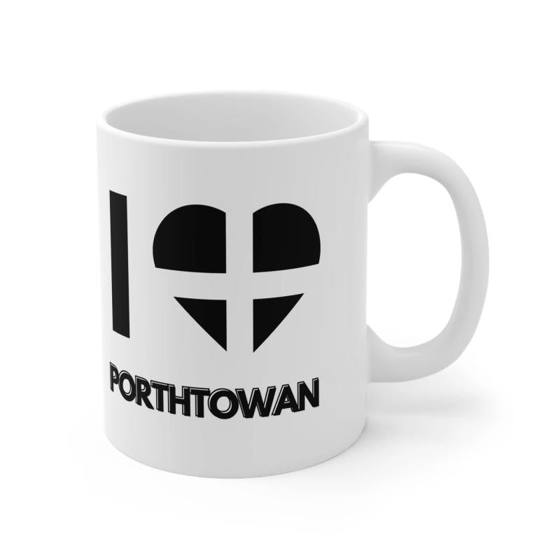 Tailorly White Ceramic 11 oz Mug - I Porthtowan Minimalist Stylized Black Heart Featuring St Piran Cross Symbol Heart