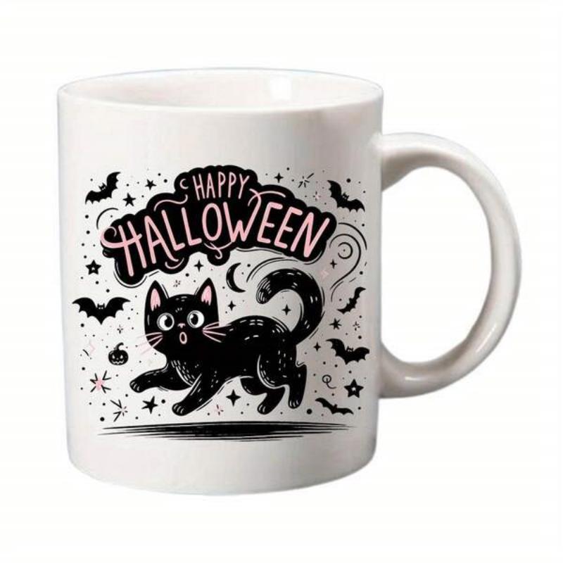Tailorly White Ceramic 11 oz Mug - Happy Halloween Playful Black Cat Surrounded By Flying Bats And Twinkling Stars Cat