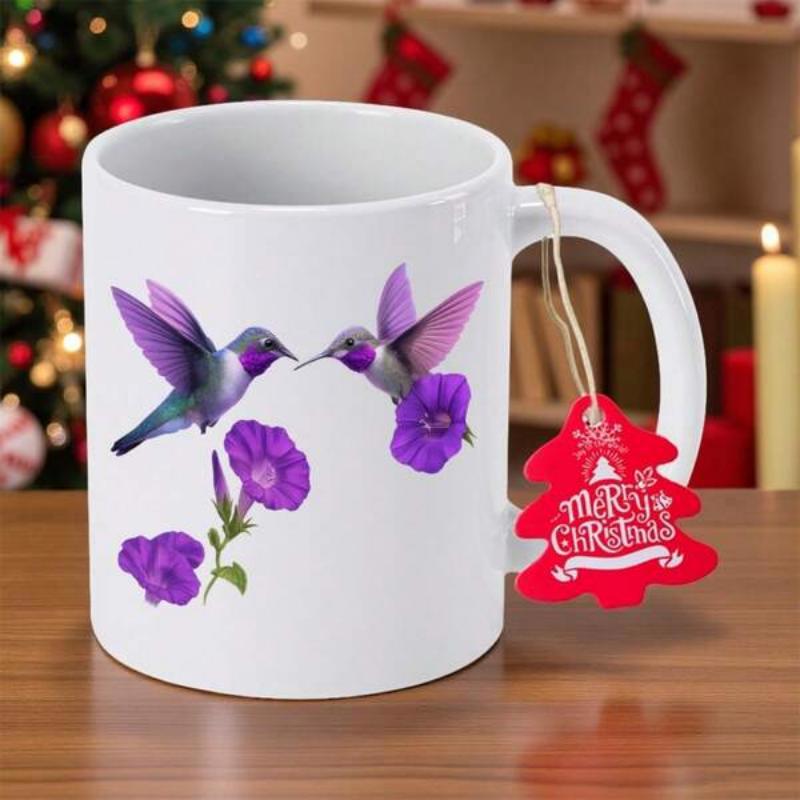 Tailorly White Ceramic 11 oz Mug - Merry Christmas Elegant Purple Hummingbirds Hovering Among Beautiful Vibrant Spring Flowers Garden Hummingbird